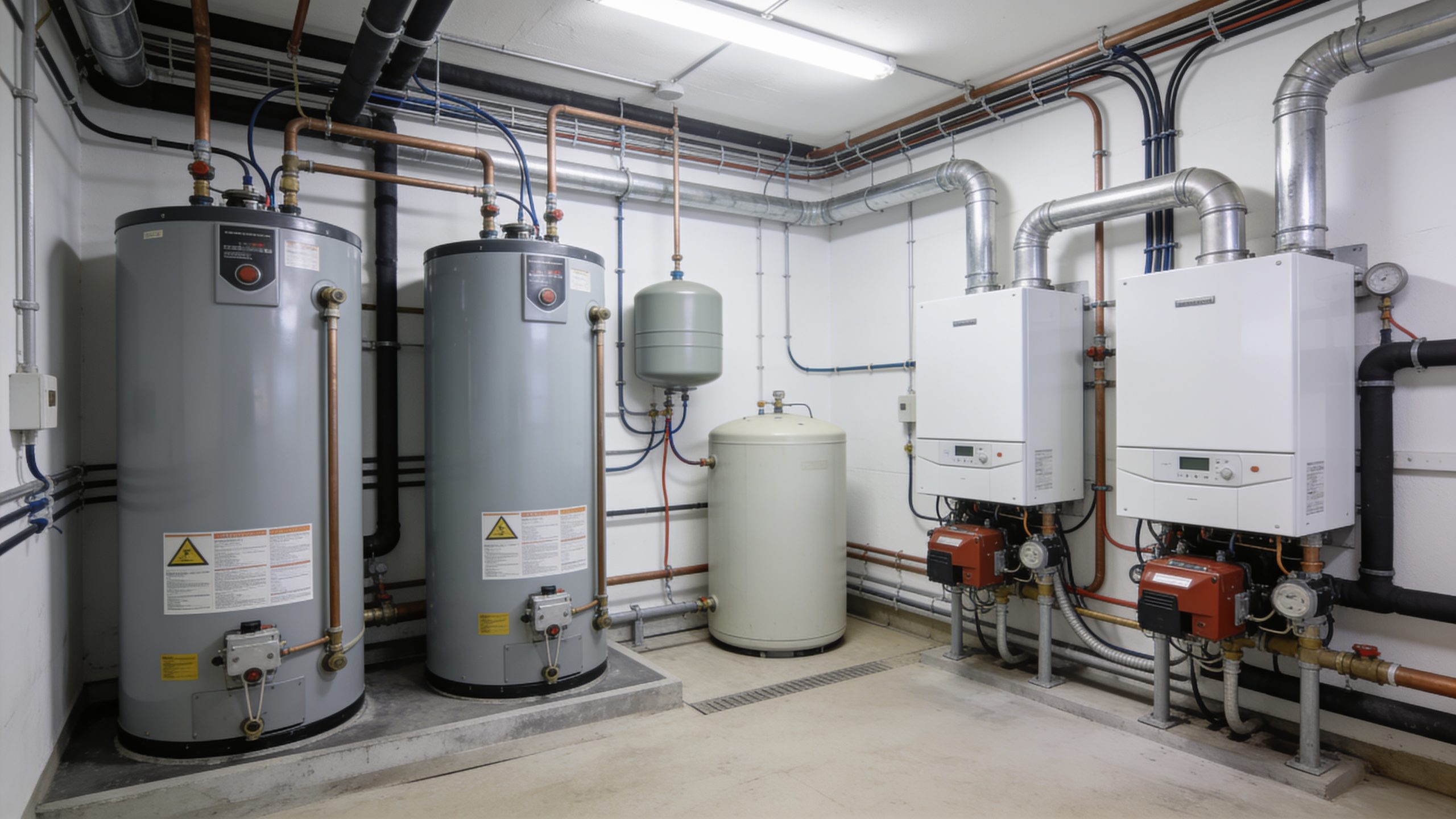 Clean mechanical room featuring water tank, dual water heaters, gas boilers, and professional pipe installation.