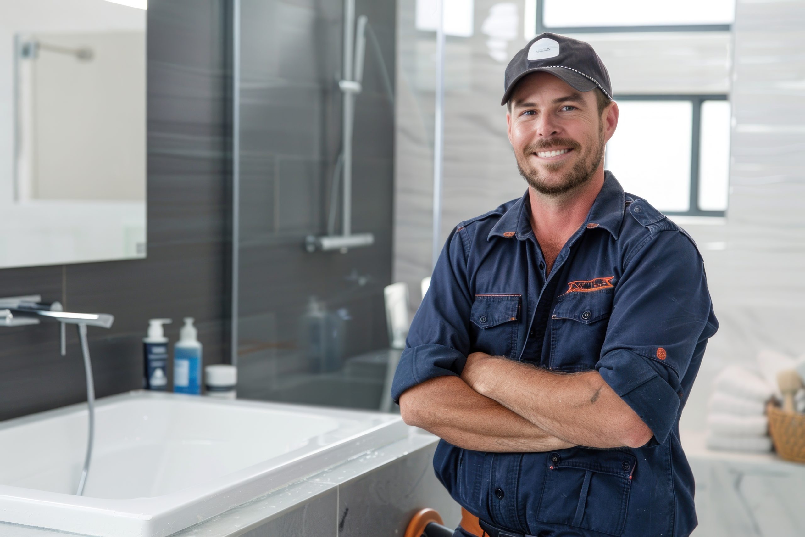 A confident smiling plumber in uniform posing in a modern bathroom setting